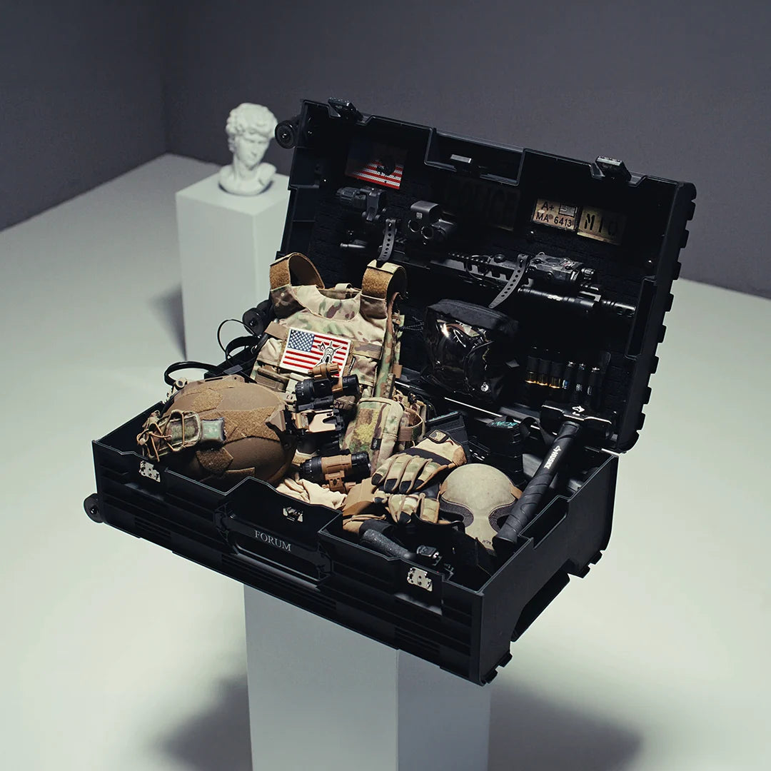 The Hades case open on a plinth, packed with a full loadout